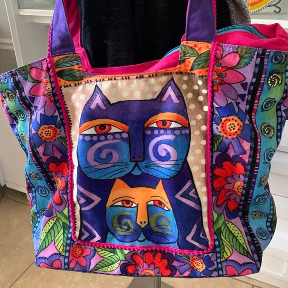 Laurel Burch Handbags - Vintage Laurel Burch large colorful cat tote pink